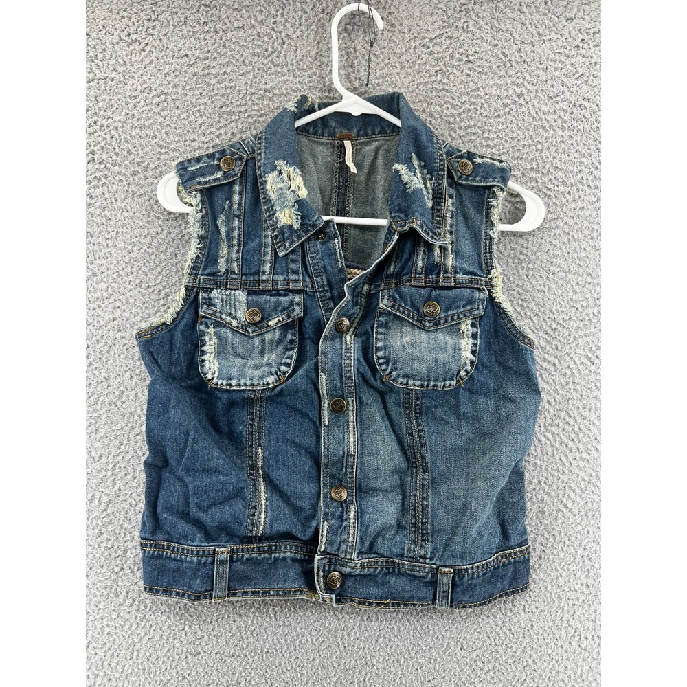 Free People Distressed‎ Denim Vest Blue Jean Trucker Jacket Ripped Boho S/P